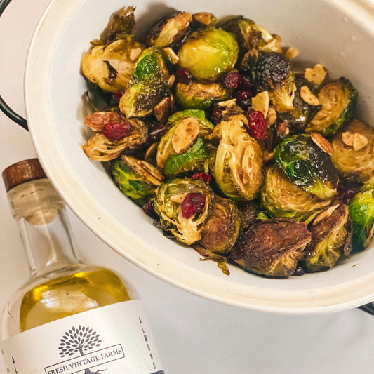 Brown Butter Almond Brussels Sprouts with Dried Cranberries and Sliced Roasted Almonds