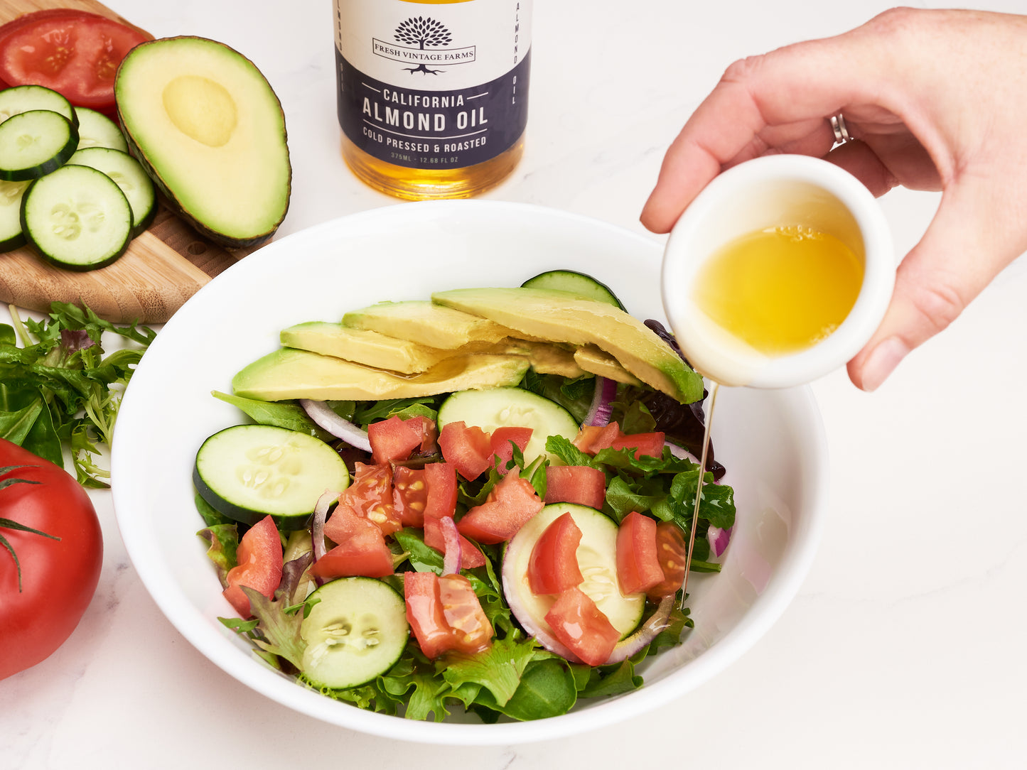 Try Fresh Vintage Farms cold pressed & roasted almond oil as a stand alone salad dressing or pair it with your favorite balsamic. Our Almond Oil inherently has a nutty flavor, which is a great complement to your salad creations.